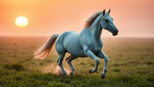 Biały koń galopujący przez łąkę symbolizujący wolność w sennych marzeniach