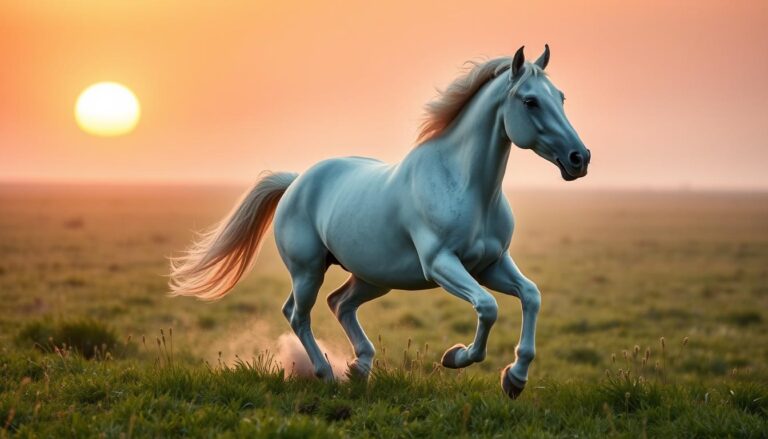 Biały koń galopujący przez łąkę symbolizujący wolność w sennych marzeniach