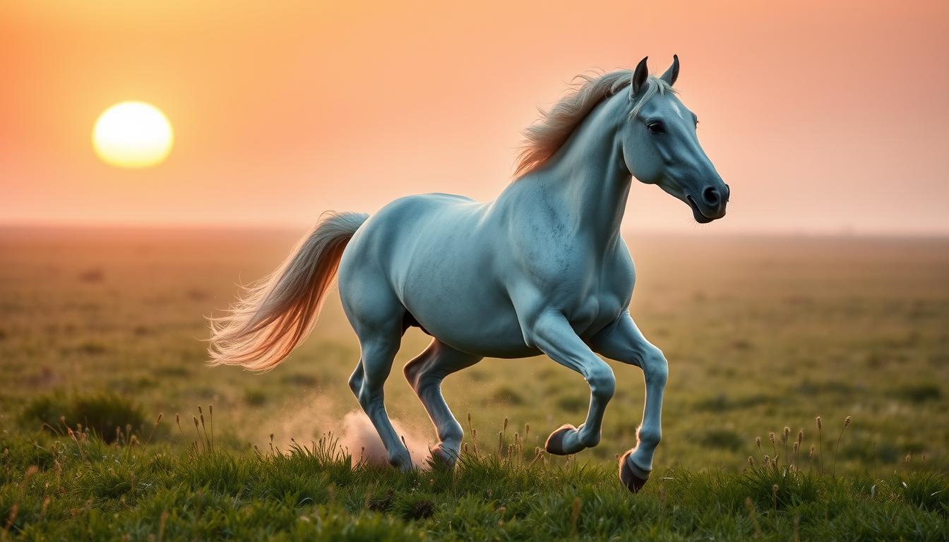 Biały koń galopujący przez łąkę symbolizujący wolność w sennych marzeniach