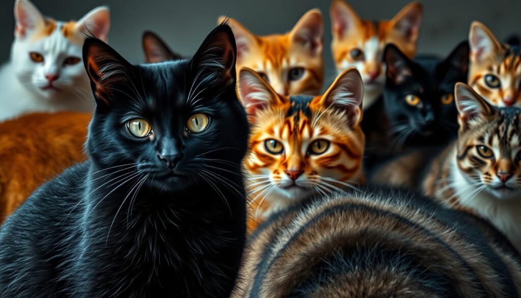 Czarny kot i wiele kotów w różnych kolorach w sennik konie