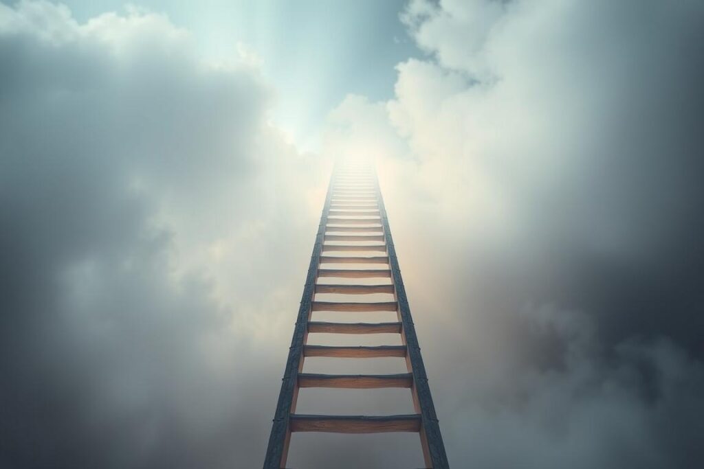 Drabina prowadząca w górę w sennym, mistycznym otoczeniu - sennik przedmioty