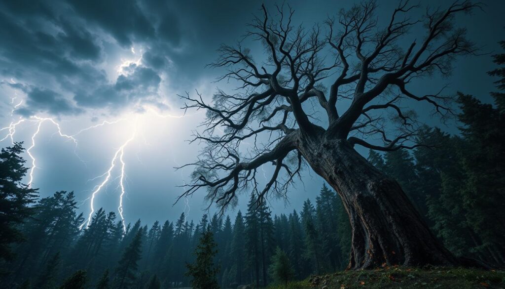 Drzewo przewracające się podczas burzy w lesie