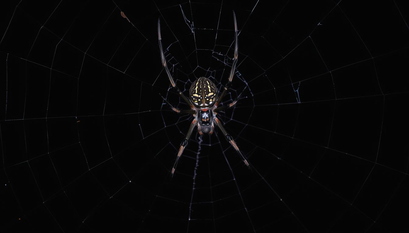 Duży czarny pająk na pajęczynie, sennik pająk
