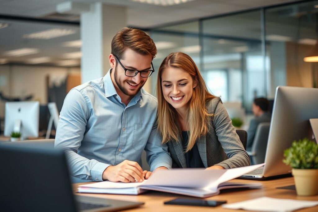 Dwie osoby współpracujące przy projekcie w biurze, sennik praca