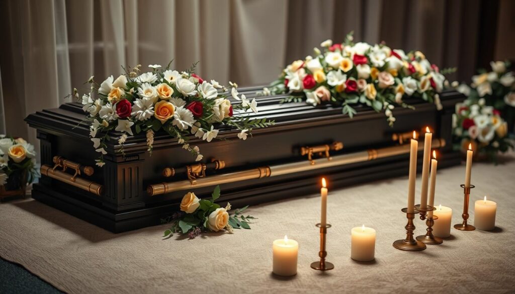 Elementy ceremonii pogrzebowej we śnie - trumna, kwiaty i świece