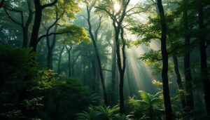 Gęsty, zielony las z promieniami słońca przebijającymi się przez korony drzew