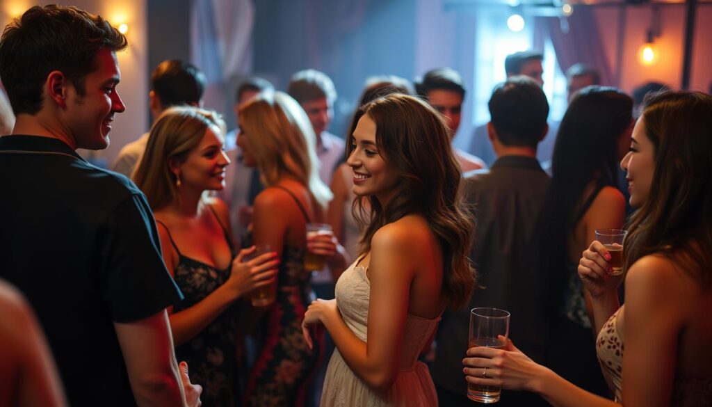 Grupa ludzi na imprezie, symbolizująca społeczny kontekst snów o zdradzie