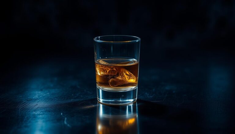 Kieliszek alkoholu na ciemnym tle symbolizujący sennik alkohol