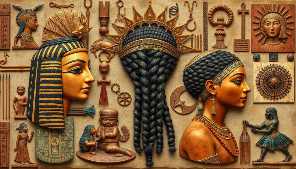 Kolaż przedstawiający różne kulturowe symbole związane z włosami