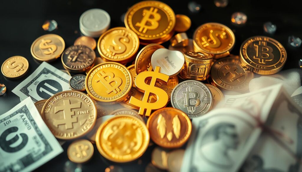 Kolaż różnych symboli pieniężnych w kontekście snów - monety, banknoty, złoto