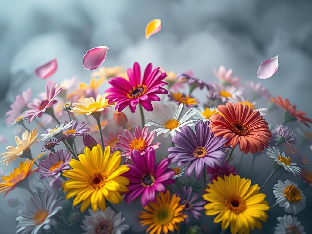 Kolorowe kwiaty w sennym, mistycznym otoczeniu - sennik przedmioty