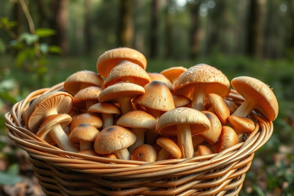 Koszyk pełen świeżo zebranych grzybów leśnych na tle lasu