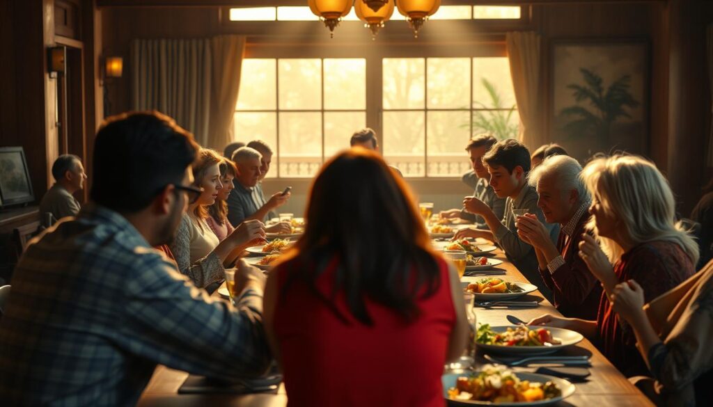 Ludzie jedzący wspólnie posiłek symbolizujący kontekst jedzenia w snach