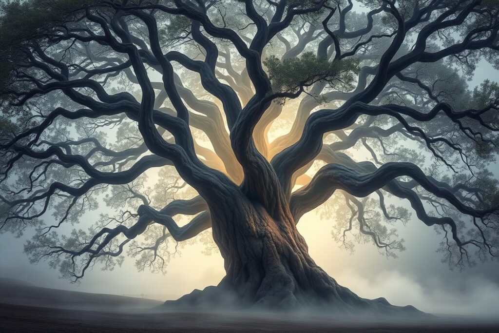 Majestatyczne drzewo w sennym, mistycznym otoczeniu - sennik przedmioty