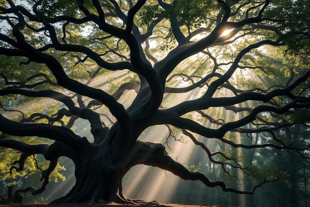 Majestatyczne, stare drzewo z rozłożystymi gałęziami w lesie