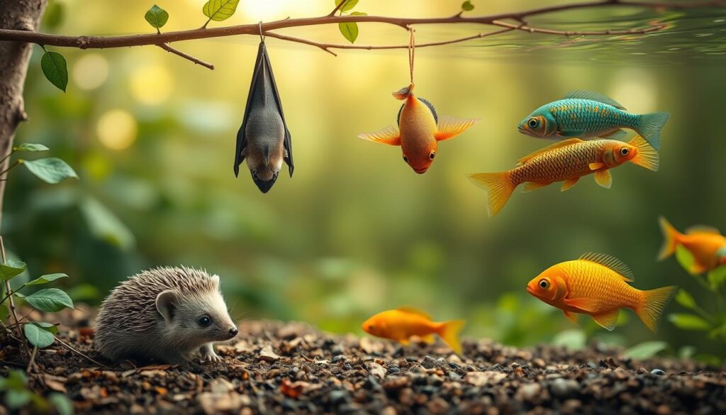 Małe zwierzęta: jeż, nietoperz i ryby w naturalnym środowisku w sennik konie