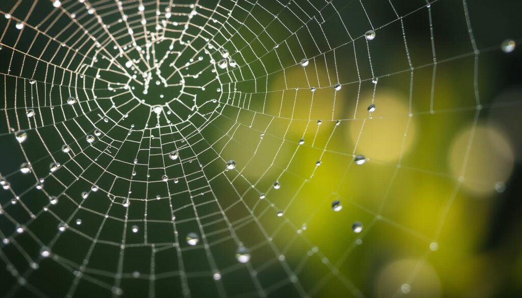 Misterna pajęczyna z rosą o poranku, sennik pajęczyna
