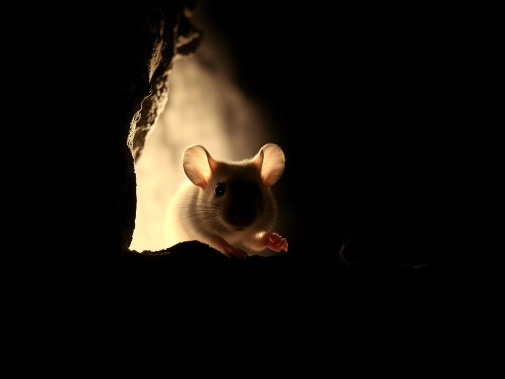 Mysz wychodząca z ciemności na światło symbolizująca transformację