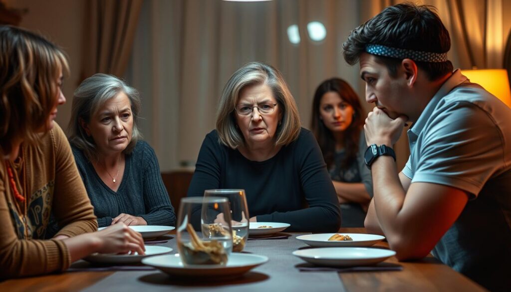 Napięta sytuacja rodzinna przy stole - sennik kłótnia z teściową