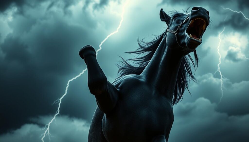 Niespokojny, zdenerwowany koń stający dęba w sennik konie