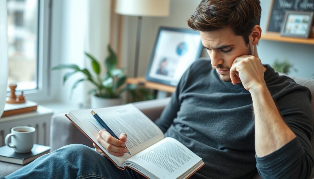 Osoba analizująca swoje sny o pracy w notatniku, sennik praca