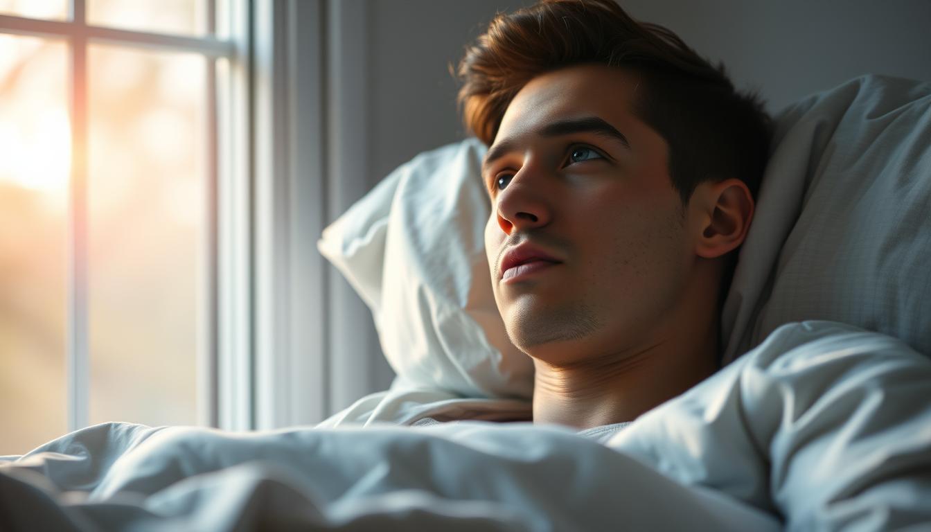 Osoba budząca się po śnie o kupie, z wyrazem zastanowienia na twarzy