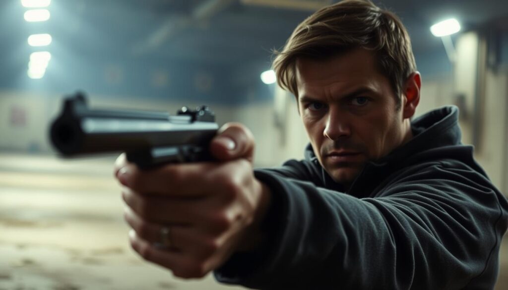 Osoba celująca z pistoletu w przestrzeń - sennik strzelanie z broni