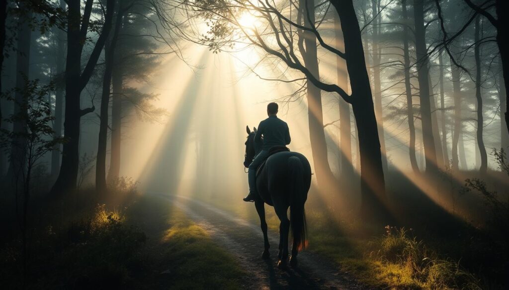 Osoba jadąca konno przez las w sennik konie symbolizująca podróż życiową