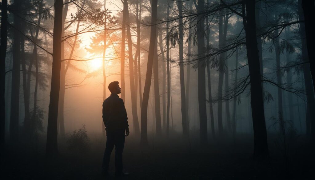 Osoba kontemplująca w spokojnym, mglistym lesie o świcie
