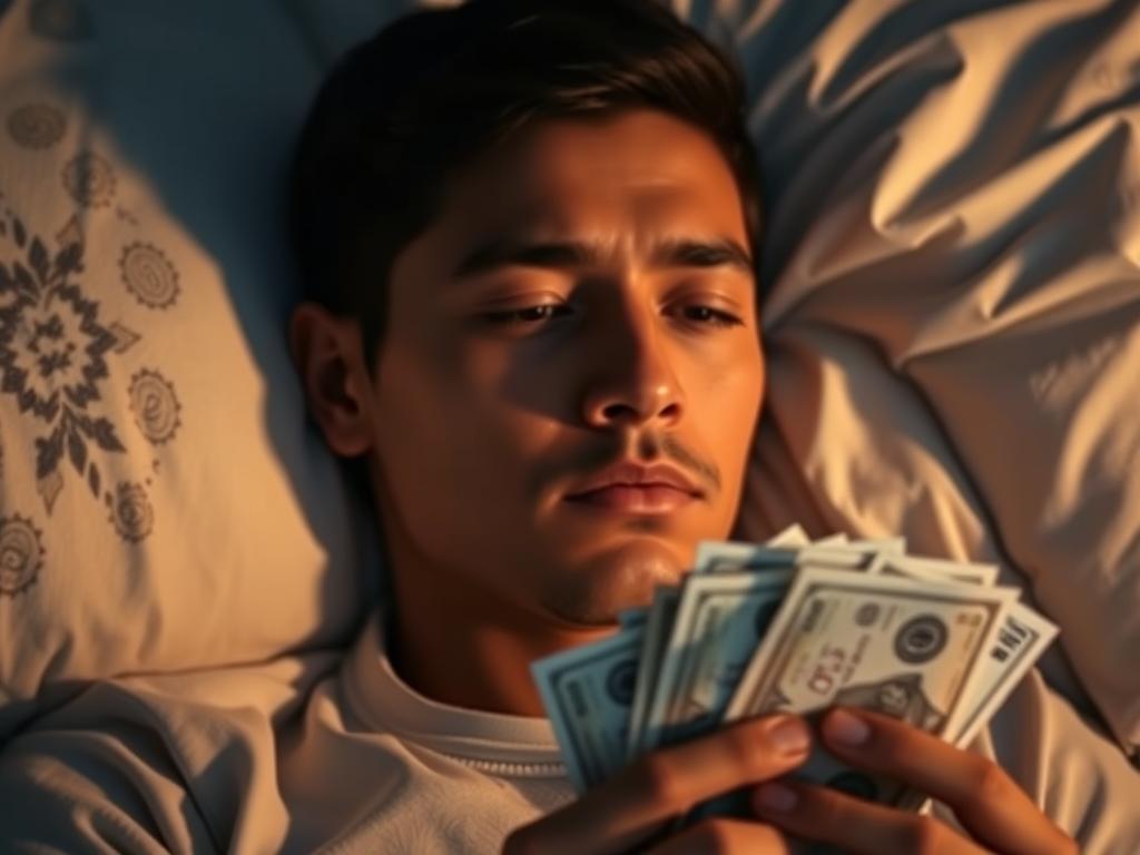 Osoba licząca banknoty we śnie, z zamyślonym wyrazem twarzy
