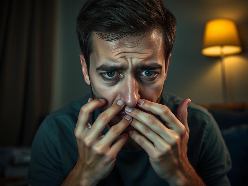 Osoba obgryzająca paznokcie, ilustrująca lęk i niepewność w sennikach