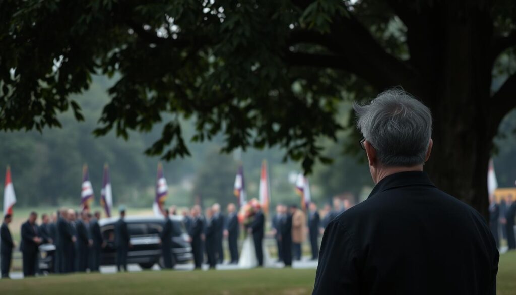 Osoba obserwująca ceremonię pogrzebową z dystansu, symbolizująca sen o uczestnictwie w pogrzebie