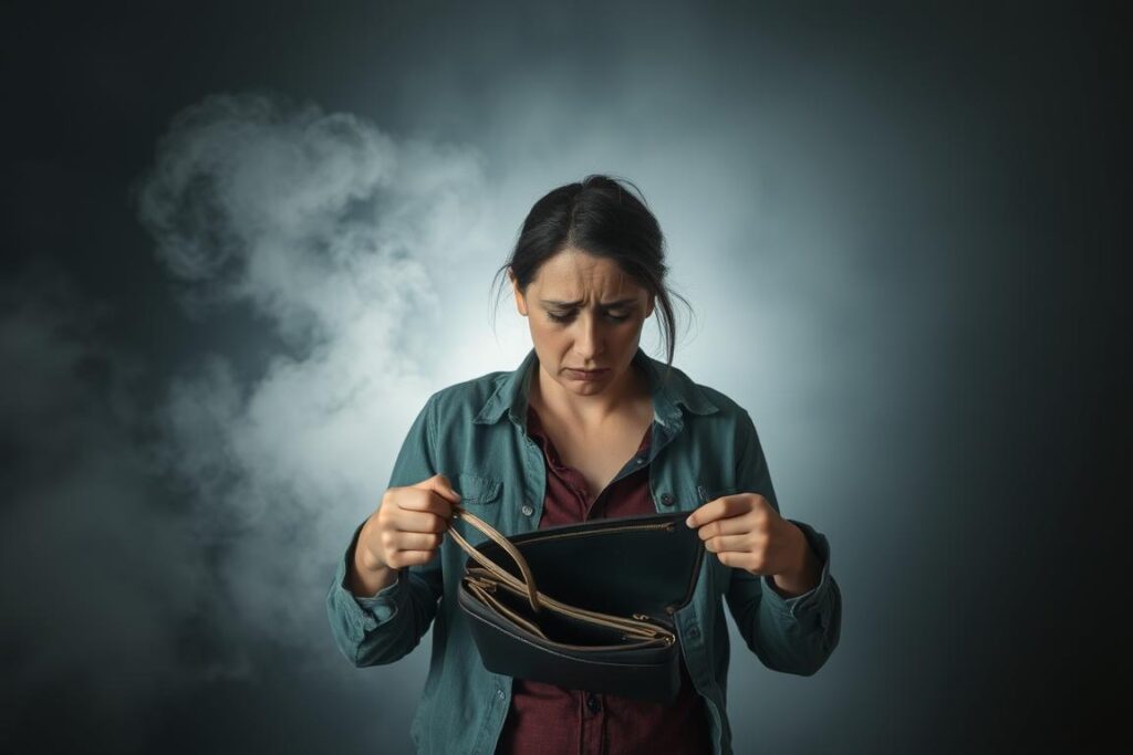 Osoba odkrywająca, że została okradziona, z wyrazem niepokoju na twarzy