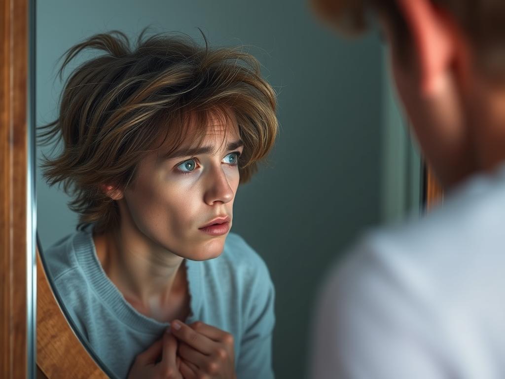 Osoba patrząca na wypadające włosy w lustrze, symbolizująca sennik wypadające włosy