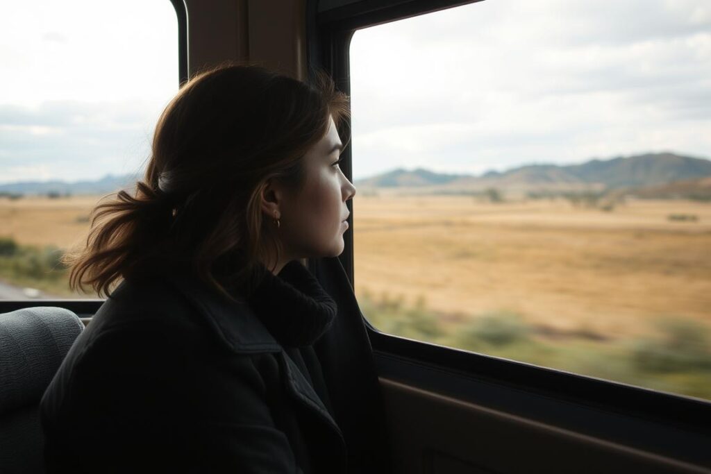 Osoba patrząca przez okno pociągu na zmieniający się krajobraz symbolizująca sennik jechać pociągiem