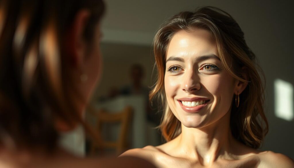 Osoba patrząca w lustro z wyrazem akceptacji, symbolizująca samoakceptację, sennik kupa