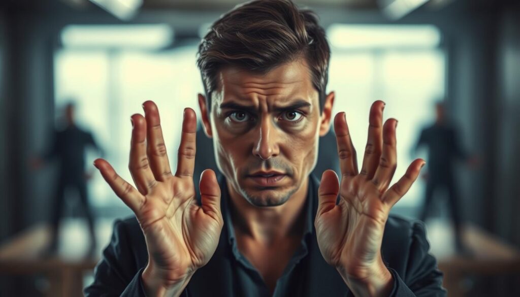 Osoba pod presją, symbolizująca sen o celowaniu z pistoletu - sennik agresja