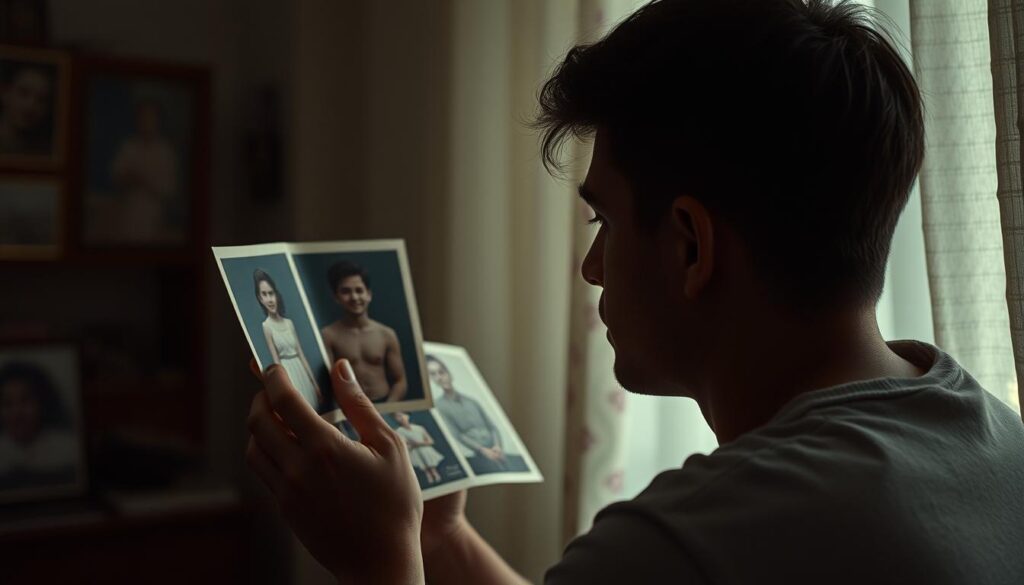 Osoba przeglądająca stare zdjęcia symbolizujące sny o byłych partnerach
