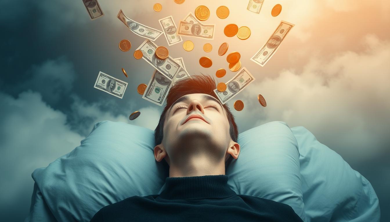 Osoba śniąca o pieniądzach, nad jej głową unoszą się symbole banknotów i monet