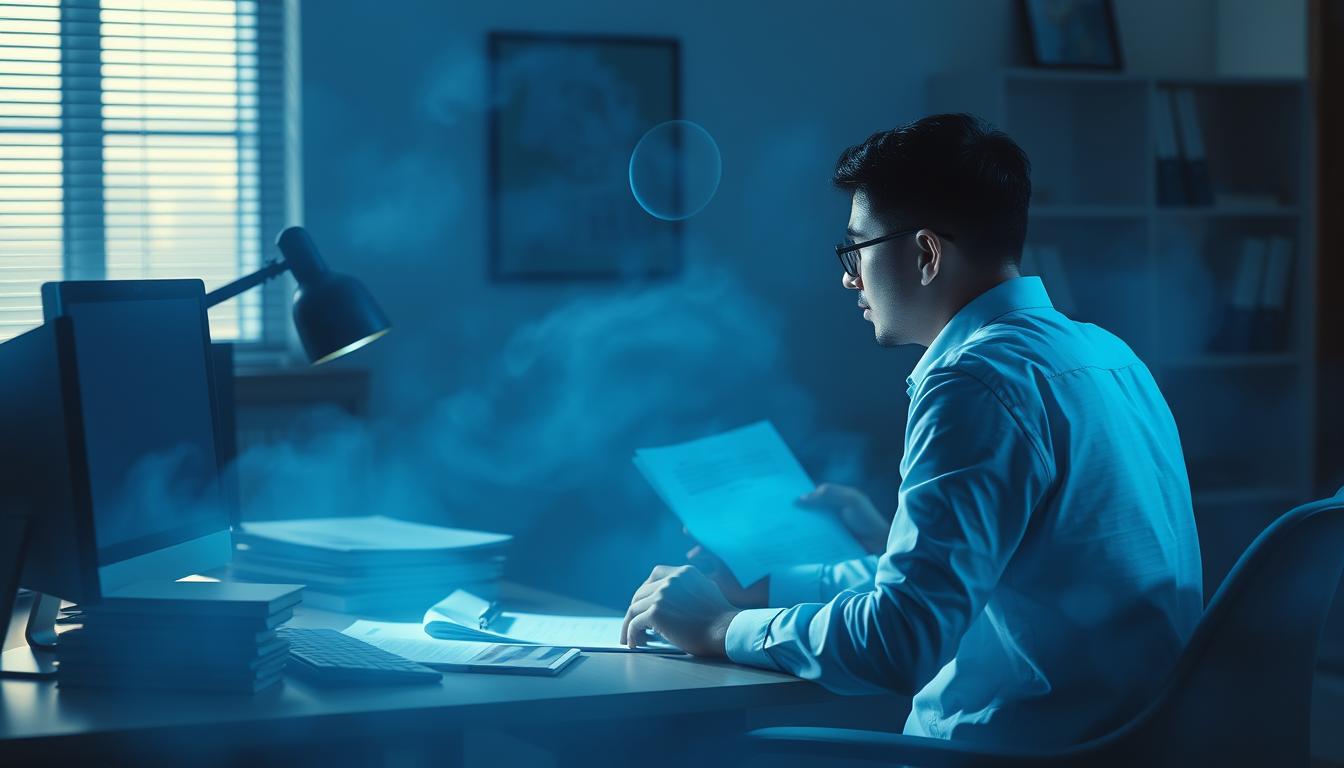 Osoba śniąca o pracy przy biurku z dokumentami i komputerem