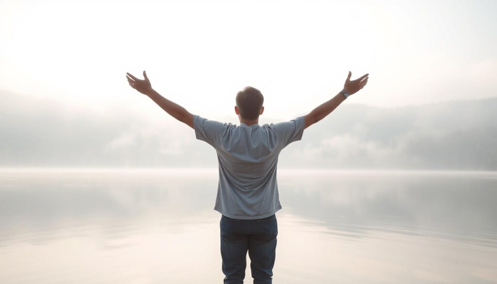 Osoba stojąca nad jeziorem z rozpostartymi ramionami, symbolizująca emocjonalne oczyszczenie, sennik kał