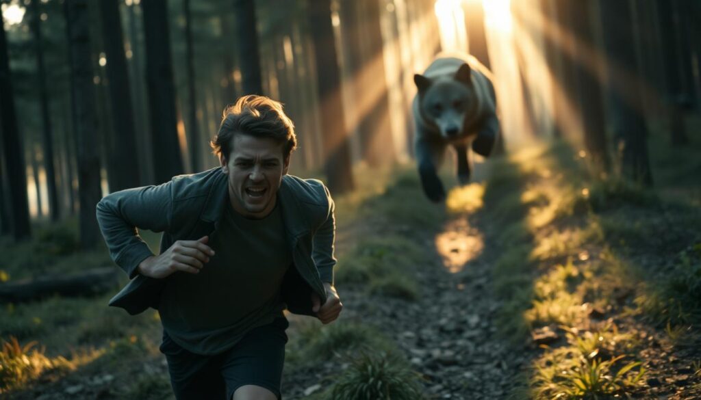 Osoba uciekająca przed dzikim zwierzęciem w lesie symbolizująca sennik ucieczka przed zwierzęciem