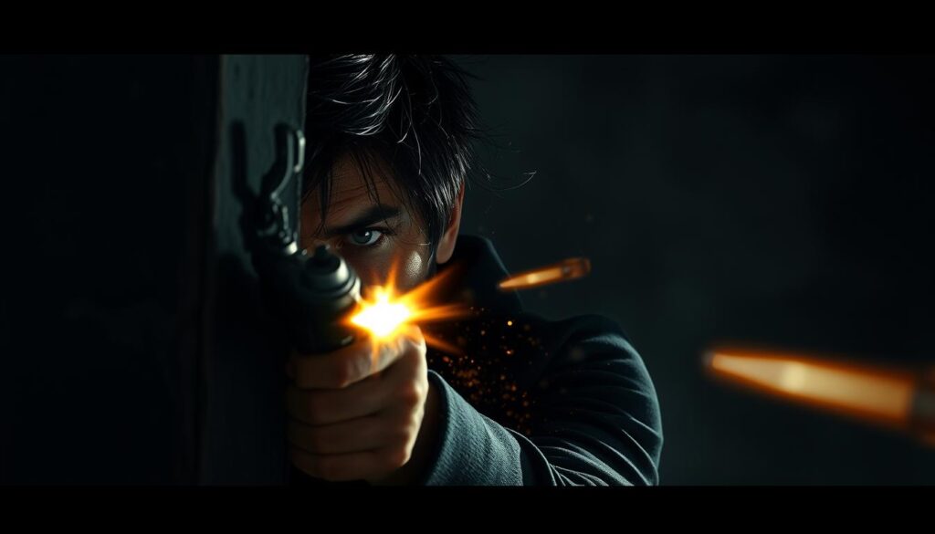 Osoba uciekająca przed strzałami symbolizująca sennik strzelanina