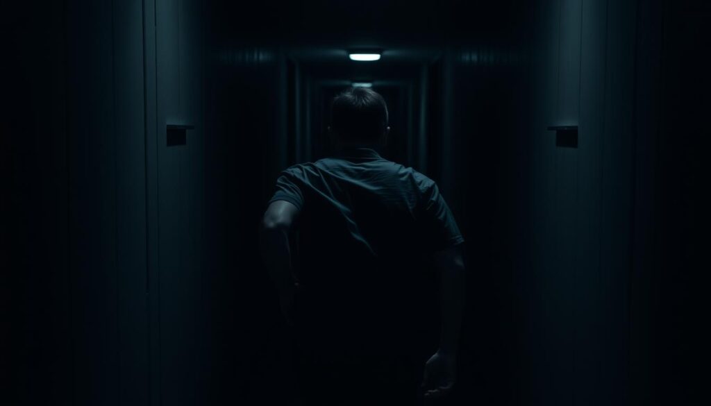 Osoba uciekająca przed zagrożeniem w ciemnym korytarzu - sennik agresja