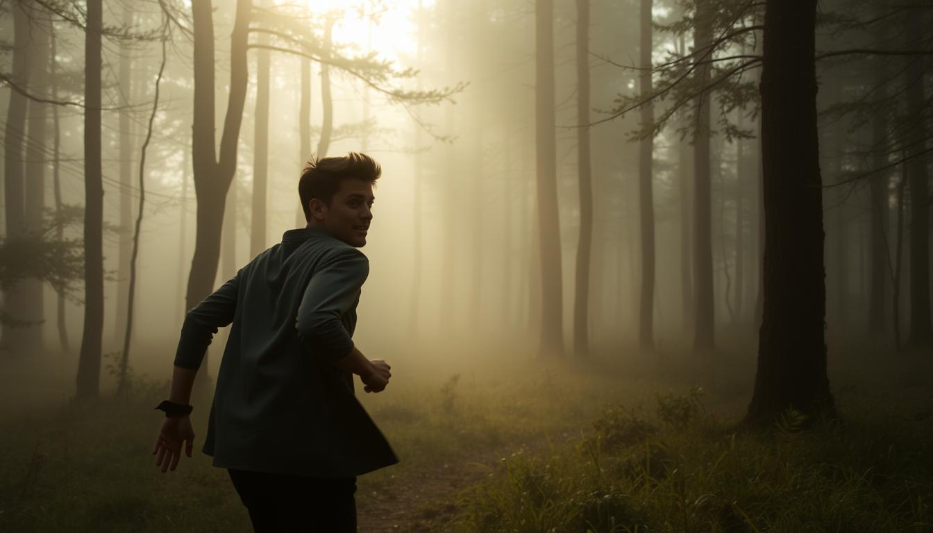 Osoba uciekająca przez mglisty las symbolizująca sennik ucieczka