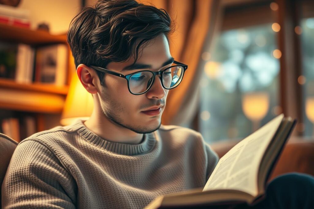 Osoba w okularach czytająca książkę, symbolizująca sennik okulary