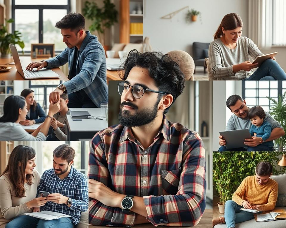 Osoba w różnych sytuacjach życiowych, symbolizująca wpływ rzeczywistości na interpretację snów