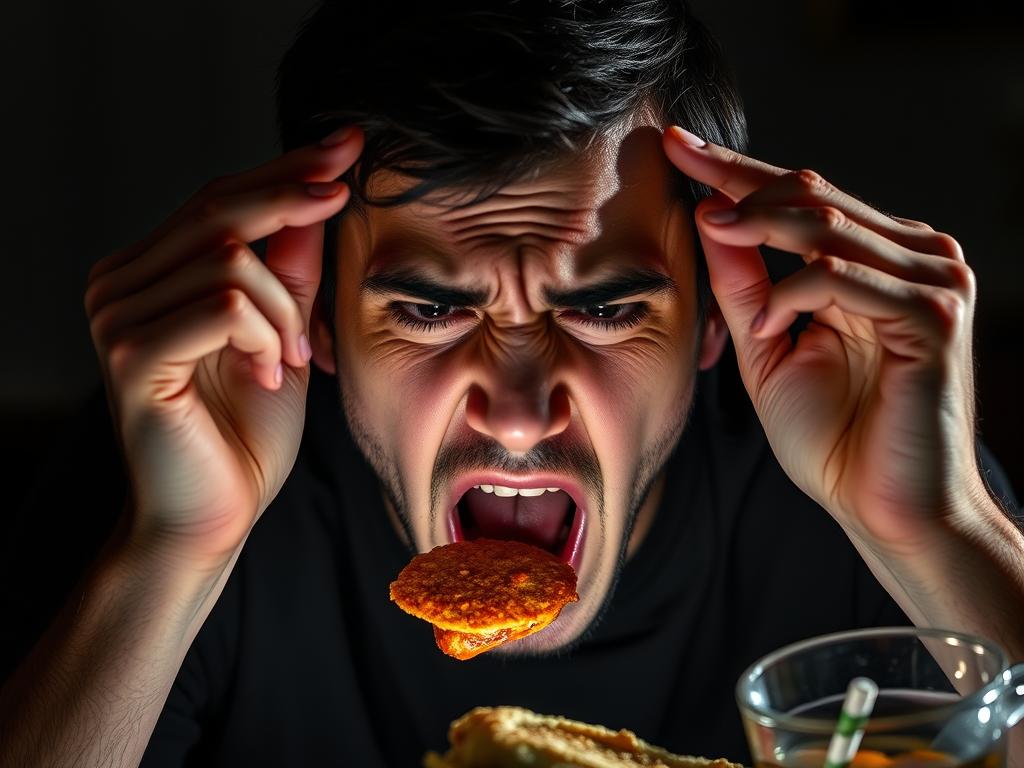 Osoba wyrażająca emocje podczas jedzenia symbolizująca emocjonalne stany w snach