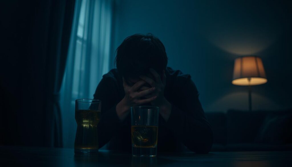 Osoba z głową w dłoniach obok kieliszka symbolizująca ostrzeżenie w senniku alkohol