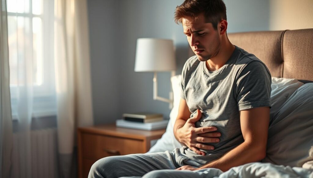 Osoba z objawami fizycznego dyskomfortu po niepokojącym śnie